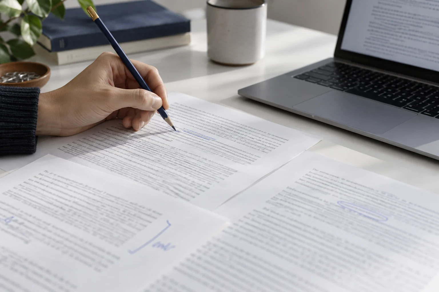 A pencil marks a text passage beside a laptop.
