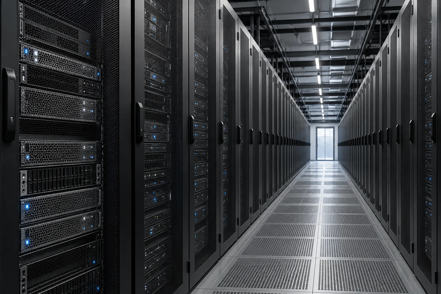Server racks line a data-center aisle.