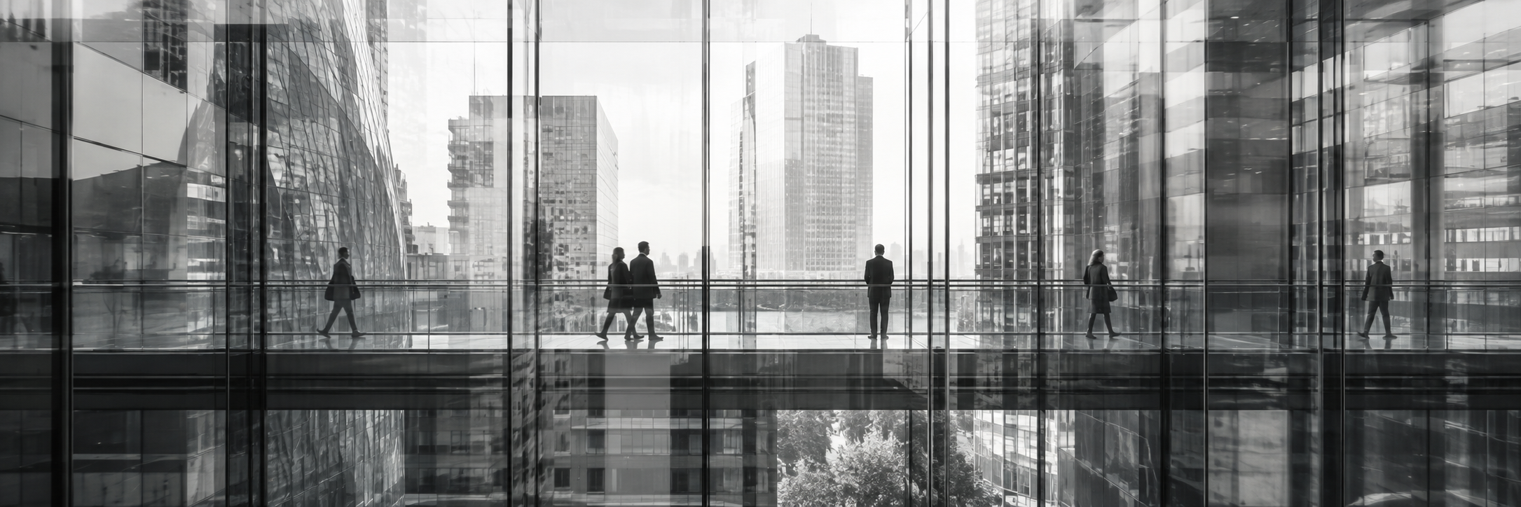 People seen through layered glass and reflections in a financial district.